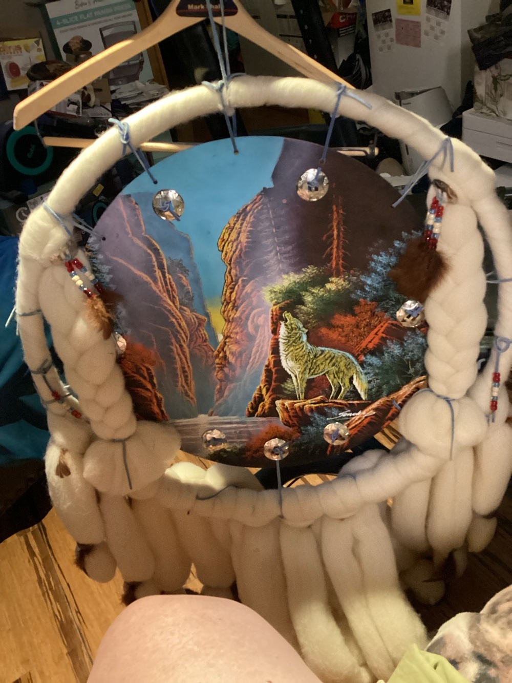Cream Dreamcatcher Wall Art with Wolf painting Centerpiece